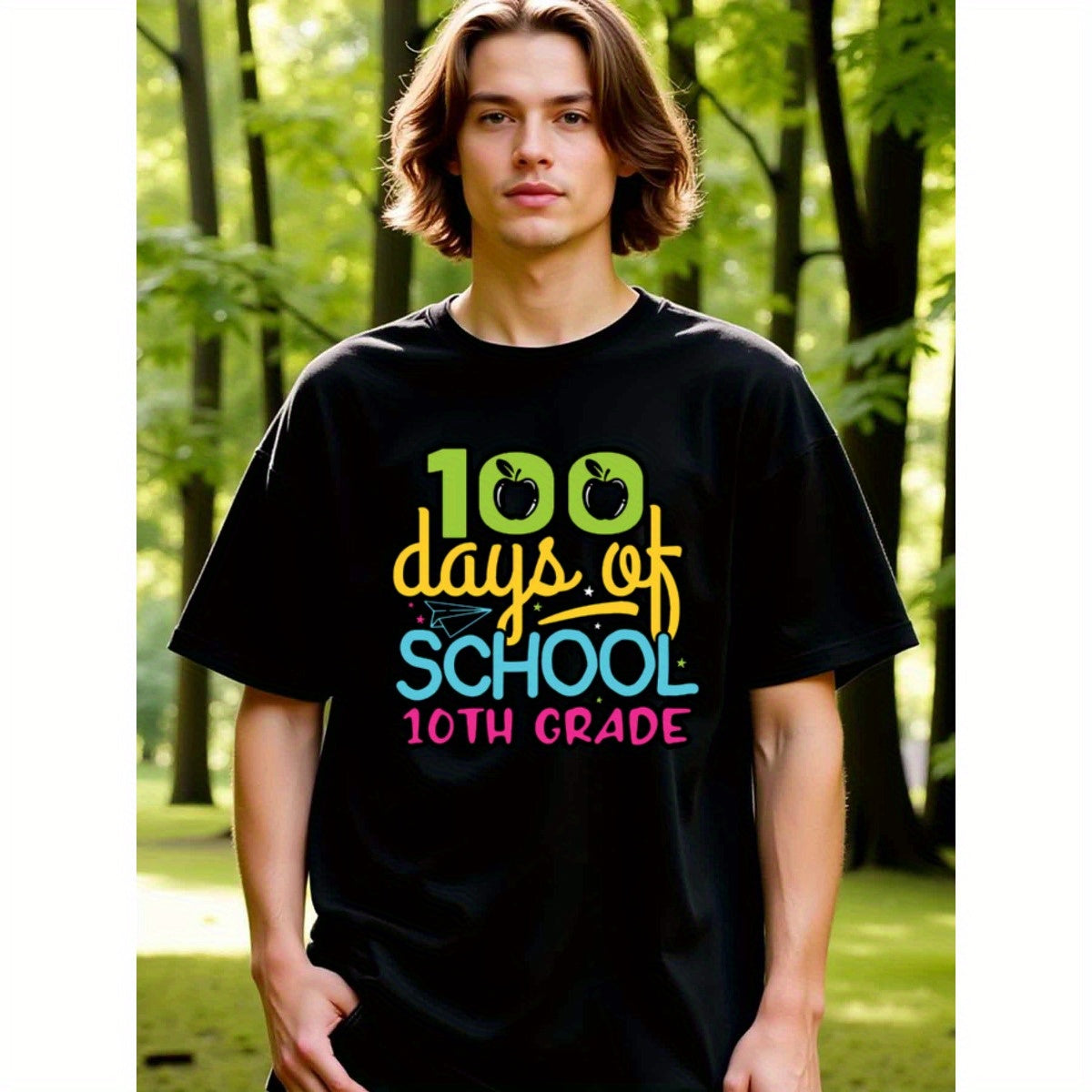 natee local warehouse clearance 100 Days of School 10th Grade Celebration T-shirt, man's T-Shirt,100% Cotton Fabric,Crew Neck,Short Sleeve,Regular Fit,All-Season Casual Wear,180gsm-Ideal For Summer Holiday Gift, 男t